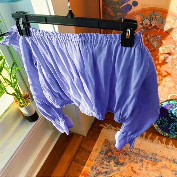 Periwinkle Blue Ruffle Peasant along Sleeved Off The Shoulder Crop Top - Picture 5 of 9